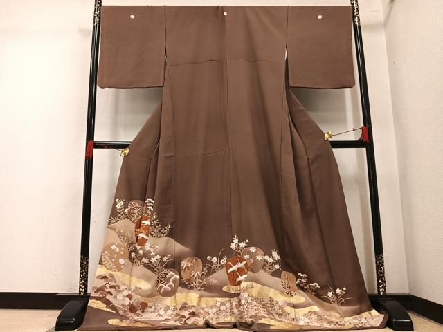 平和屋着物●豪華色留袖　駒刺繍　群鶴草花文　暈し染め　金彩　ロング丈　正絹　逸品　AABM8817ph