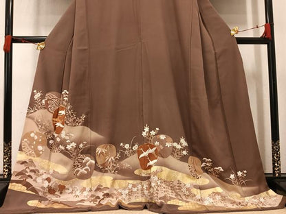 平和屋着物●豪華色留袖　駒刺繍　群鶴草花文　暈し染め　金彩　ロング丈　正絹　逸品　AABM8817ph