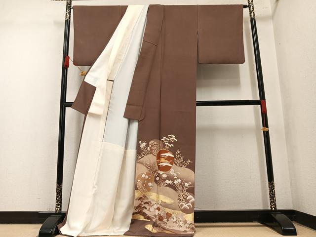 平和屋着物●豪華色留袖　駒刺繍　群鶴草花文　暈し染め　金彩　ロング丈　正絹　逸品　AABM8817ph