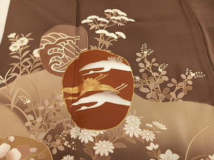 平和屋着物●豪華色留袖　駒刺繍　群鶴草花文　暈し染め　金彩　ロング丈　正絹　逸品　AABM8817ph