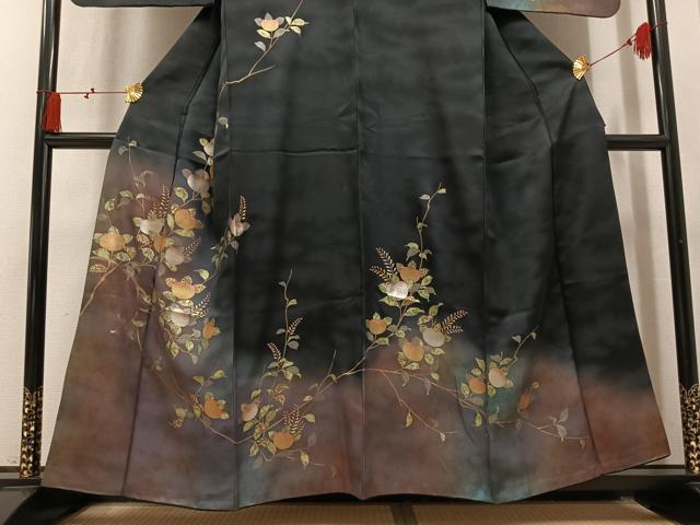 平和屋着物●訪問着　橘　暈し染め　黒地　金銀彩　正絹　逸品　AABM8835ph