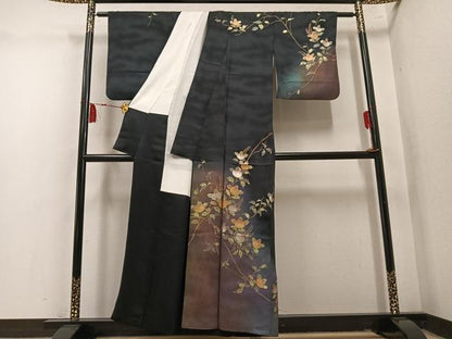 平和屋着物●訪問着　橘　暈し染め　黒地　金銀彩　正絹　逸品　AABM8835ph