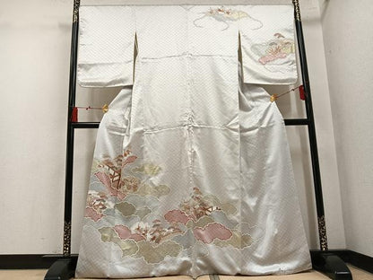 平和屋着物●訪問着　駒刺繍　雲重ね草花文　金彩　正絹　逸品　AABM8842ph