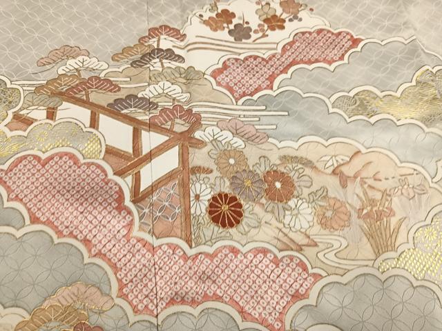 平和屋着物●訪問着　駒刺繍　雲重ね草花文　金彩　正絹　逸品　AABM8842ph