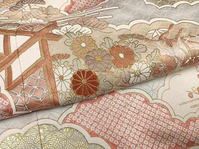 平和屋着物●訪問着　駒刺繍　雲重ね草花文　金彩　正絹　逸品　AABM8842ph
