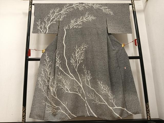 平和屋着物●小紋師　鷲津芳雄　訪問着　草木文　たたき染め　黒地　正絹　逸品　AABM8843ph