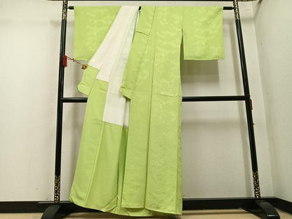 平和屋着物●上質な色無地　草花地紋　若菜色　正絹　逸品　未使用　AABM8844ph
