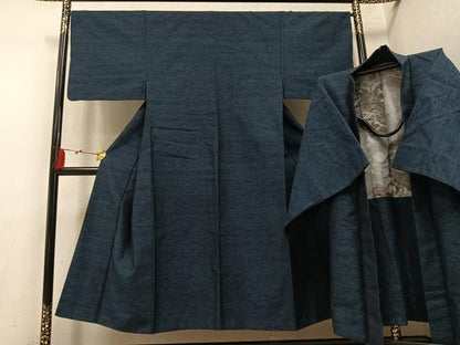 平和屋着物●男性　紬　アンサンブル　色無地　鉄御納戸色　正絹　逸品　AABM8872ph