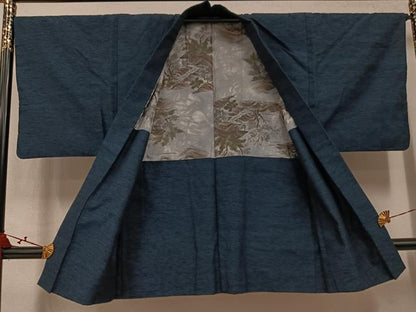 平和屋着物●男性　紬　アンサンブル　色無地　鉄御納戸色　正絹　逸品　AABM8872ph
