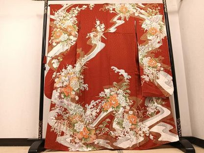 平和屋着物●豪華振袖　駒刺繍　立波花鳥文　金彩　正絹　逸品　AABM8906ph