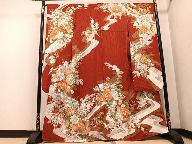平和屋着物●豪華振袖　駒刺繍　立波花鳥文　金彩　正絹　逸品　AABM8906ph