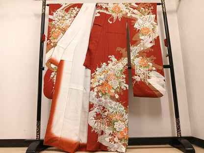 平和屋着物●豪華振袖　駒刺繍　立波花鳥文　金彩　正絹　逸品　AABM8906ph