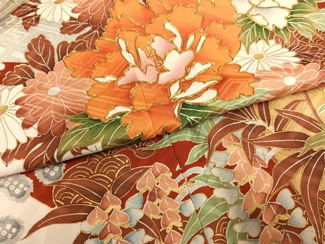 平和屋着物●豪華振袖　駒刺繍　立波花鳥文　金彩　正絹　逸品　AABM8906ph