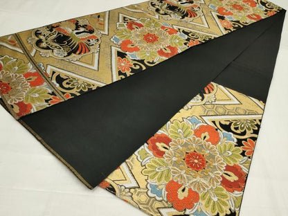 平和屋着物◎六通柄　本袋帯　唐織　鳳凰花蝶文　黒地　金糸　AABM9086ou