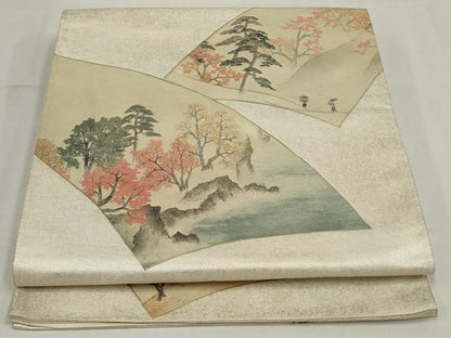 平和屋着物◎六通柄袋帯　大観　地紙風景文　引箔　正絹　逸品　AABM9088ou