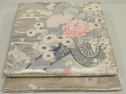 平和屋着物◎六通柄袋帯　唐織　流水花車文　銀糸　正絹　逸品　AABM9092ou