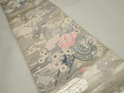 平和屋着物◎六通柄袋帯　唐織　流水花車文　銀糸　正絹　逸品　AABM9092ou