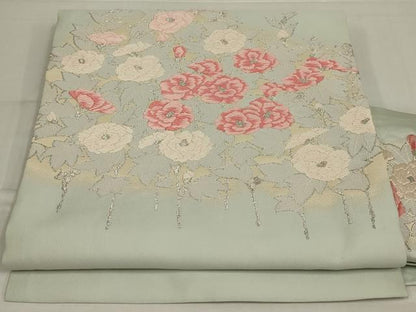 平和屋着物◎綴れ　九寸名古屋帯　唐織　草花文　銀糸　正絹　逸品　AABM9093ou