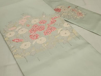 平和屋着物◎綴れ　九寸名古屋帯　唐織　草花文　銀糸　正絹　逸品　AABM9093ou