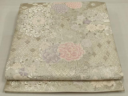 平和屋着物◎六通柄袋帯　唐織　草花文　銀糸　正絹　逸品　AABM9097ou