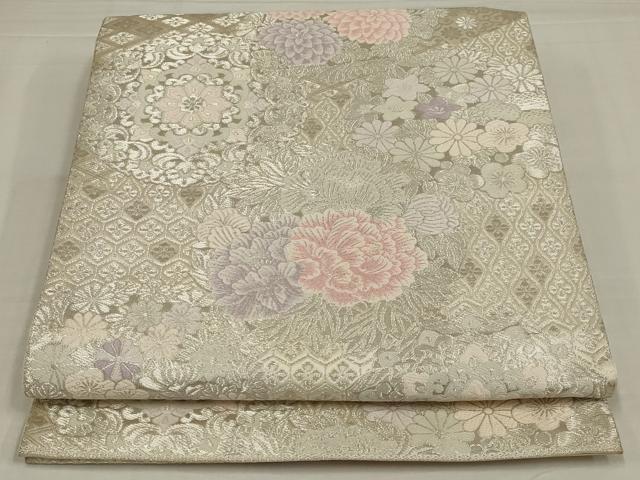 平和屋着物◎六通柄袋帯　唐織　草花文　銀糸　正絹　逸品　AABM9097ou
