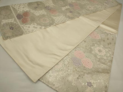 平和屋着物◎六通柄袋帯　唐織　草花文　銀糸　正絹　逸品　AABM9097ou