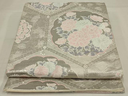 平和屋着物◎六通柄袋帯　唐織　亀甲花文　銀糸　正絹　逸品　AABM9098ou