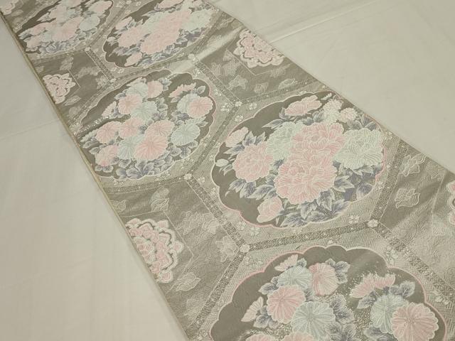 平和屋着物◎六通柄袋帯　唐織　亀甲花文　銀糸　正絹　逸品　AABM9098ou
