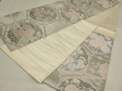 平和屋着物◎六通柄袋帯　唐織　亀甲花文　銀糸　正絹　逸品　AABM9098ou