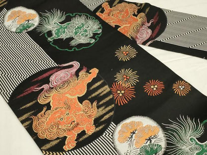 平和屋着物◎九寸名古屋帯　唐獅子　黒地　金糸　AABM9099ou