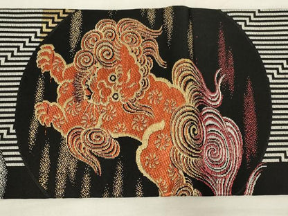 平和屋着物◎九寸名古屋帯　唐獅子　黒地　金糸　AABM9099ou