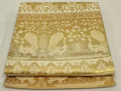 平和屋着物◎六通柄袋帯　横段花鳥文　金糸　正絹　逸品　AABM9105ou