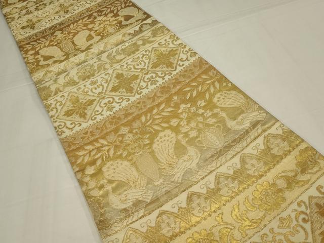 平和屋着物◎六通柄袋帯　横段花鳥文　金糸　正絹　逸品　AABM9105ou