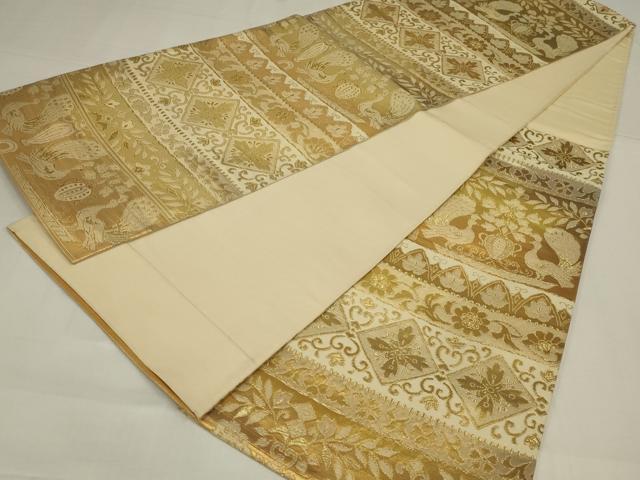 平和屋着物◎六通柄袋帯　横段花鳥文　金糸　正絹　逸品　AABM9105ou