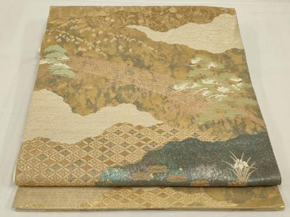 平和屋着物◎西陣　服部織物謹製　六通柄袋帯　風景文　こはく錦　手工芸　金糸　引箔　正絹　逸品　AABM9109ou