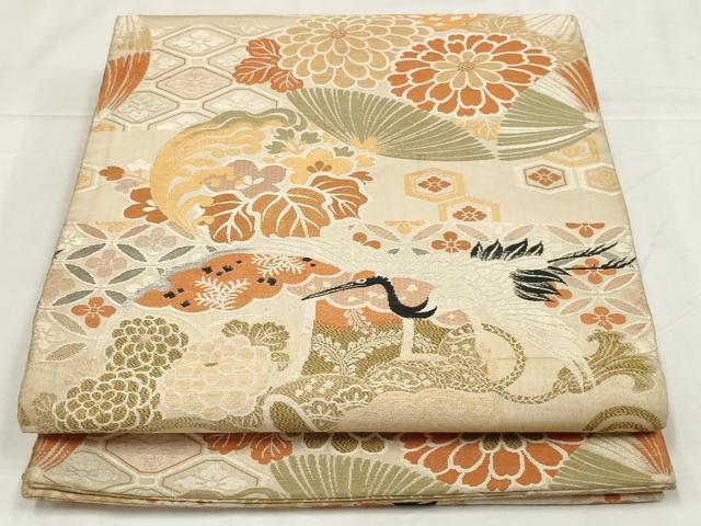 平和屋着物◎アンティーク　大正ロマン　丸帯　飛鶴花文　金糸　正絹　逸品　AABM9115ou