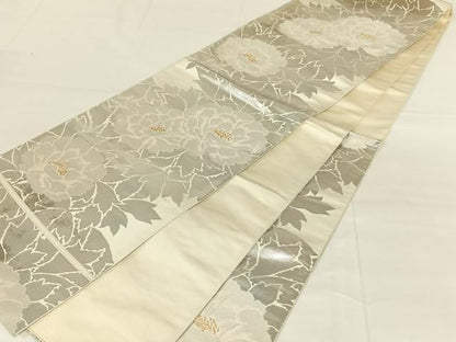平和屋着物◎西陣　服部織物謹製　六通柄袋帯　こはく錦　手工芸　草花文　金銀糸　正絹　逸品　AABM9141dk