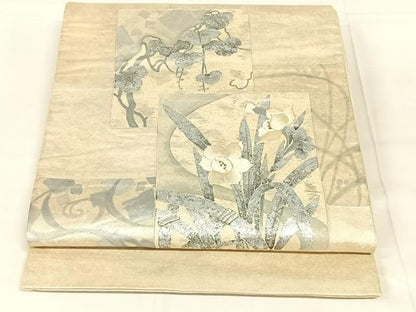 平和屋着物◎太鼓柄袋帯　刺繍　切り嵌め草花文　金銀糸　銀彩　正絹　逸品　AABM9144dk