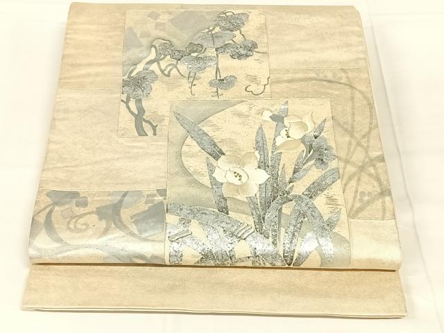 平和屋着物◎太鼓柄袋帯　刺繍　切り嵌め草花文　金銀糸　銀彩　正絹　逸品　AABM9144dk