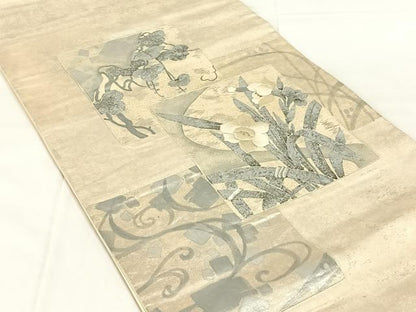 平和屋着物◎太鼓柄袋帯　刺繍　切り嵌め草花文　金銀糸　銀彩　正絹　逸品　AABM9144dk