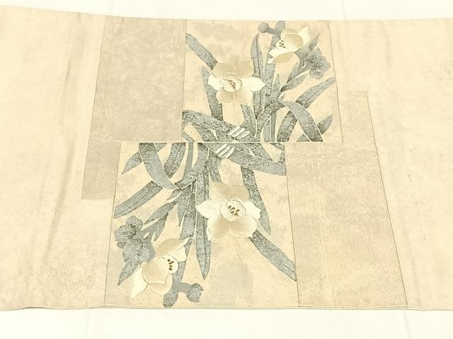 平和屋着物◎太鼓柄袋帯　刺繍　切り嵌め草花文　金銀糸　銀彩　正絹　逸品　AABM9144dk