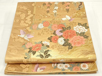 平和屋着物◎六通柄袋帯　唐織　花蝶文　金糸　正絹　逸品　AABM9164ou