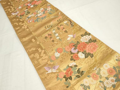 平和屋着物◎六通柄袋帯　唐織　花蝶文　金糸　正絹　逸品　AABM9164ou
