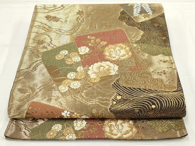 平和屋着物◎六通柄袋帯　唐織　流水色紙花文　金糸　正絹　逸品　AABM9179ou
