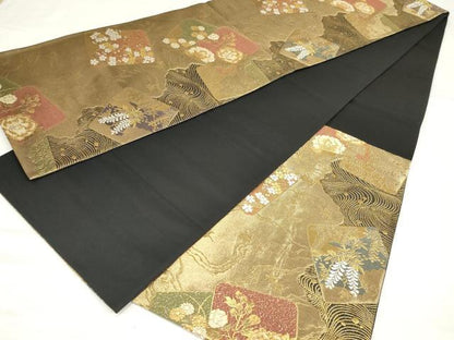 平和屋着物◎六通柄袋帯　唐織　流水色紙花文　金糸　正絹　逸品　AABM9179ou