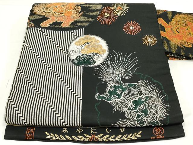 平和屋着物◎九寸名古屋帯　唐獅子　黒地　金糸　正絹　逸品　AABM9191ou