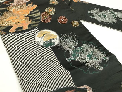 平和屋着物◎九寸名古屋帯　唐獅子　黒地　金糸　正絹　逸品　AABM9191ou