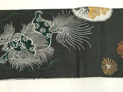 平和屋着物◎九寸名古屋帯　唐獅子　黒地　金糸　正絹　逸品　AABM9191ou