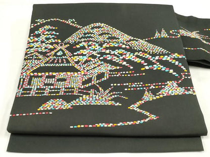 平和屋着物◎塩瀬　九寸名古屋帯　風景文　黒地　正絹　逸品　AABM9192ou
