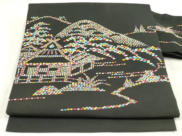 平和屋着物◎塩瀬　九寸名古屋帯　風景文　黒地　正絹　逸品　AABM9192ou